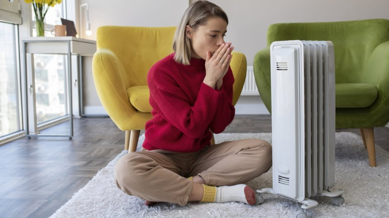 Девушка греется возле бюджетного обогревателя